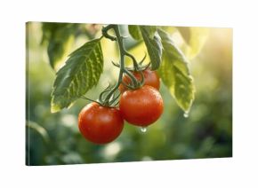 Tomatoes on plant, illustrating harvesting for food preparation