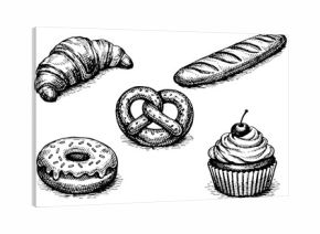 Hand drawn line art bakery set featuring a croissant, baguette, pretzel, donut and cupcake for food illustrations