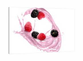 Milk shake splash and berries in air on white background