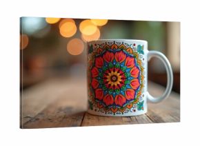 Colorful mandala art adorns ceramic mug. Beverage container sits on wooden table. Drinkware features vibrant pattern. Home or office accessory for coffee or tea.