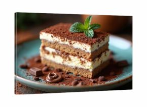 Slice of layered Italian tiramisu cake dusted with cocoa powder and garnished with mint leaf. Creamy dessert served on blue plate with chocolate pieces and cocoa powder.