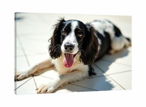Black and white spaniel dog panting heavily. Animal lies on hot ground, showing tongue in intense sunlight. Pet needs water due to extreme heat.