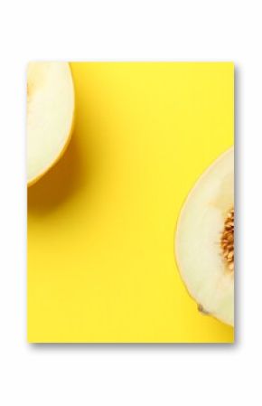 Halves of fresh melon on yellow background, top view