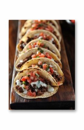 Delicious beef tacos served on a wooden board with fresh salsa and toppings at a restaurant