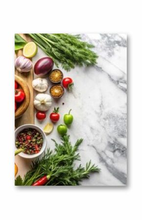 Fresh ingredients for healthy cooking on marble table top view , vegetables, herbs, spices, olive oil, cooking, healthy