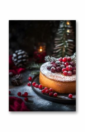 Creative food holiday concept. Sprinkles sugar round pound sponge cake with christmas decoration pine leaf pinecone, candles, holly, berries, glitter balls on dark background. copy text space