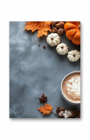 Cozy fall coffee arrangement with pumpkin, knit sweater, and autumn leaves on a gray background