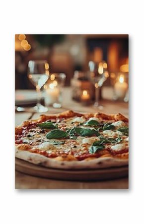   A wooden cutting board sits on a table with a pizza and a glass of wine nearby