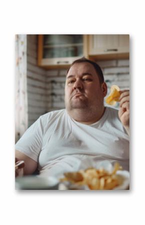 overweight man eating fast food in the kitchen