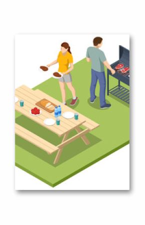 Isometric BBQ scene featuring a grill with various meats and vegetables cooking over an open flame. Outdoor barbecue, perfect for gatherings and casual summer cooking. Barbecue party by the pool.