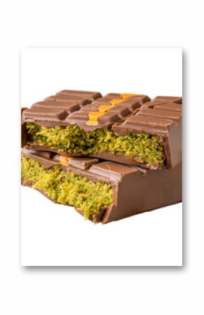 Dubai Chocolate bar with green kadayif and peanut butter on white background