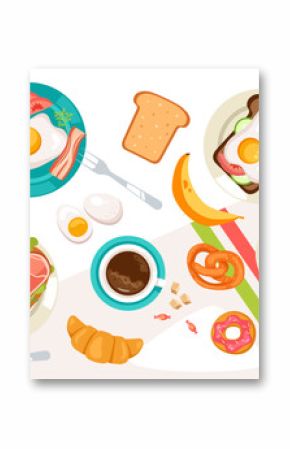 Top view food dish table meal dinner lunch breakfast menu eat ingredients concept. Vector cartoon graphic design element illustration