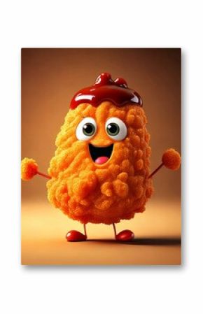 Cute Cartoon Chicken Nugget Food Character Covered in BBQ Sauce