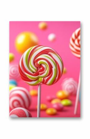 Vibrant lollipops and variously colored round candies