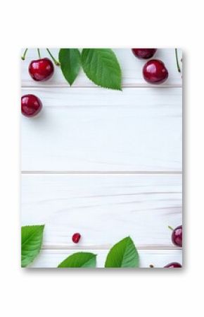 A frame of sweet, juicy cherries and leaves on a white wooden table, viewed from above. Space for text.