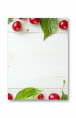 A frame of sweet, juicy cherries and leaves on a white wooden table, viewed from above. Space for text.