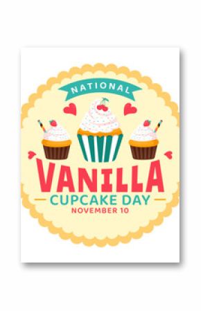 National Vanilla Cupcake Day Vector Illustration on November 10 featuring Cupcakes Topped with Sprinkle, Strawberry and Vanilla Cream in a Background