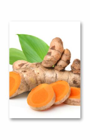 Turmeric (Curcuma longa Linn)  rhizome (root) sliced with green leaves isolated on white background.