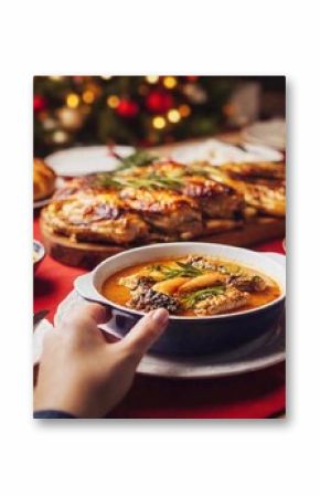 Generate a detailed eye-level full shot of a Polish Christmas Eve (Wigilia) gathering. Employ deep focus to show the festive table, traditional foods, and the family members enjoying the celebration