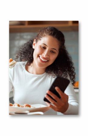 Happy, woman and phone with sushi in kitchen for nutrition, information and good review on website. Smile, chopsticks and female person with technology at home for healthy, meal and feedback on food