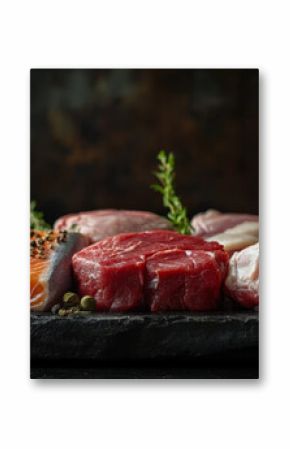 Fresh Cuts of Meat and Salmon on a Slate Board