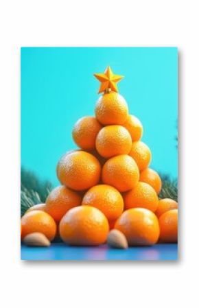 Colorful arrangement of juicy tangerines and nuts shaped like a Christmas tree, resting on spruce branches against a blue background