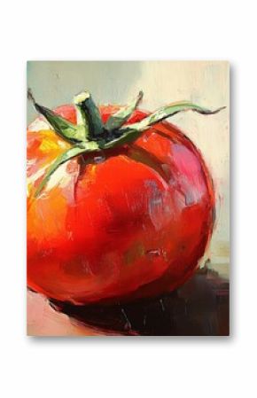 Vibrant impasto painting of a ripe red tomato with green stem and leaves, showcasing its texture and vividness on a surface