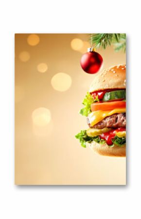 Festive Holiday Cheeseburger Ornament Hanging on Christmas Tree with Bokeh Lights. Creative Christmas food concept. banner