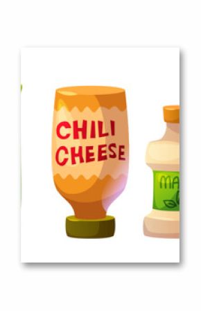 Hot chili sauce bottle. Red spicy ketchup vector. Chilly cheese and mexican spice mayonnaise condiment in container isolated on white background. Organic mayo package with wasabi tube for cooking