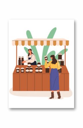 Market stall, vendor selling natural honey, jam in jars. Outdoor kiosk, street stand with customer choosing organic product, healthy farm produce. Flat vector illustration isolated on white background