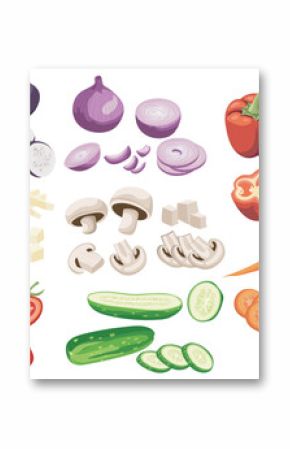 Sliced vegetables mega set elements in flat graphic design. Collection objects of hole eggplant, onion, pepper, potato, mushroom, carrot, tomato, cucumber and cutting pieces. Vector illustration.