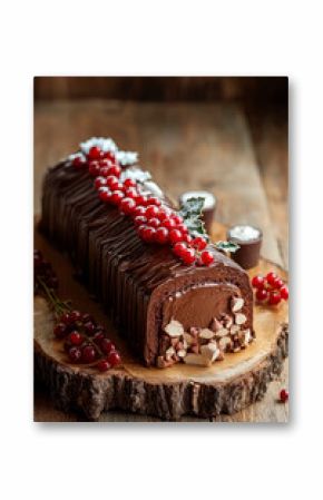 Chocolate yule log christmas cake with red currant on wooden background