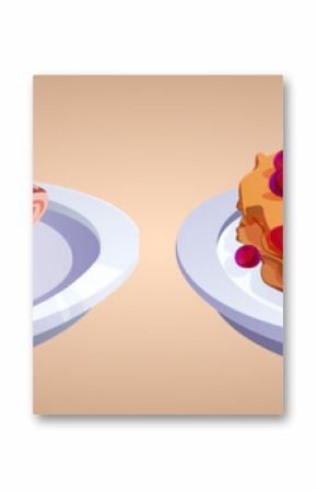 Sweet breakfast dishes served on white plates. Rolled crepes filled with cream, stack pancakes poured with red syrup. Cartoon vector desserts topped with fresh cherry berries for morning breakfast.