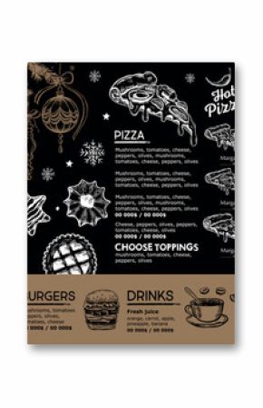 Christmas and New Year menu cafe. Template design. Hand drawn illustrations. Vector.  