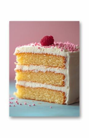 Slice of a triple layer cake with white frosting over a pink background , yummy three layers dessert with berry