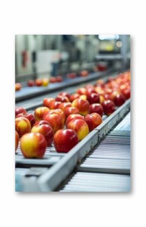 Apples on factory conveyor belt in fruit processing plant showcase industrial agriculture and food production concept