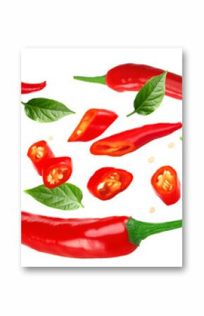 red hot chili peppers with green leaves isolated on white background clipping path