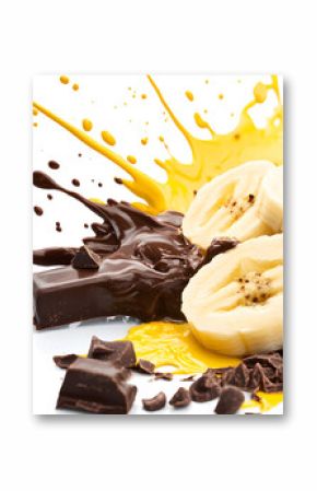 Banana slices and chocolate splash on white background