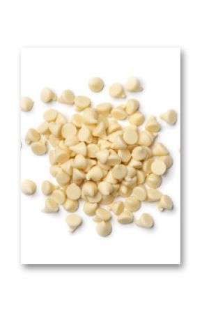 Heap of white chocolate chips close up isolated on white background