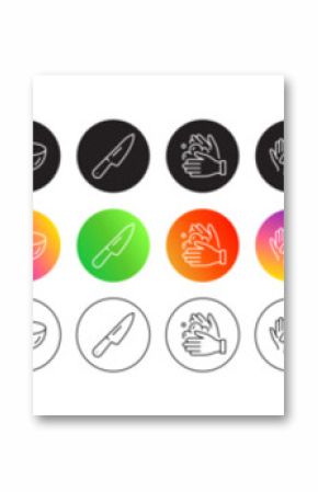 Hand washing, Spoon and Tea cup line icons. Round icon gradient buttons. Pack of Glass, Dirty mask, Hold t-shirt icon. Bowl dish, Rubber gloves, Clean hands pictogram. Vector