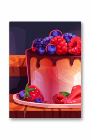 Dessert shop display with cakes and muffins. Vector cartoon illustration of shelf with chocolate pie, cheesecake, ice cream, croissant cupcakes decorated with fruit and berries, confectionery window