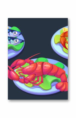 Lobster on plate. Seafood meal for dinner vector illustration. Cooked fish with lemon cartoon graphic. Mediterranean dish design for restaurant. Expensive chinese culinary. Delicious crustaceans