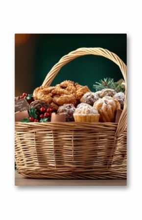 A festive wicker basket filled with assorted baked goods and seasonal decorations, set against a softly glowing background.