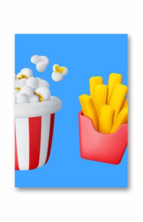 Vector illustration of set of realistic fast food icon. Bucket of pop corn, ice cream, donut and french fries. 3d style design of popcorn bucket, box of french fries, donut and ice cream. Sweet food