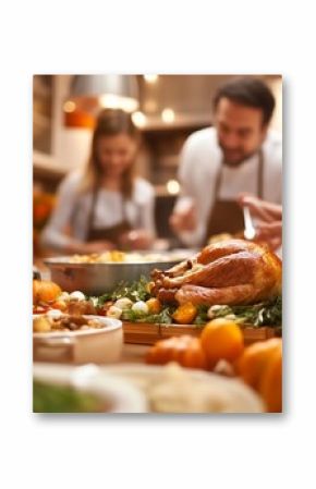 Gathering around a delicious Thanksgiving feast with family and friends in a cozy kitchen setting filled with seasonal decorations