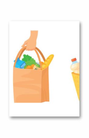 Food reusable bag. Hands holding eco friendly net or paper reusing bags with food products, supermarket shopping grocery store purchase ecologic package cartoon vector illustration