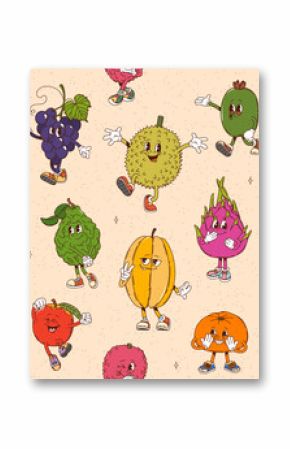 Cartoon retro groovy tropical fruit characters seamless pattern, vector background. Groovy funny durian with papaya and tangerine happy fruit, funky pitaya and feijoa with grape pattern background