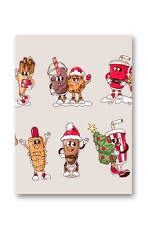 Groovy Christmas fast food cartoon characters set. Funny retro pizza and cake, hot dog and cookie, churros, beer. Christmas mascot, cartoon trippy emoji collection of 70s 80s style vector illustration