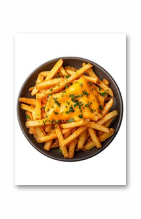 French fries on a plate with strings of cheddar png