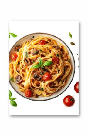 Delicious fettuccine pasta with mushrooms and cherry tomatoes garnished with fresh basil isolated on transparent background